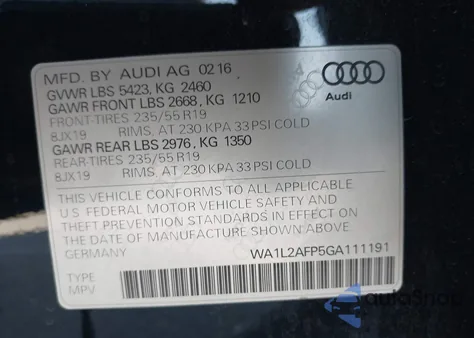 2016 Audi Q5 2.0T Premium z USA, uszkodzony, nr VIN WA1L2AFP5GA111191